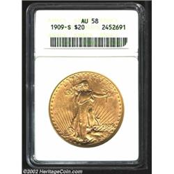 1909-S $20 AU58 ANACS. Sharply struck with granular surfaces and a near-Mint appearance.From the Geo