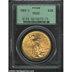 1909-S $20 MS62 PCGS. A lustrous and bright piece that is well struck except for the torch hand of L