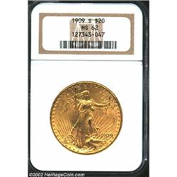 1909-S $20 MS62 NGC. Lustrous and appealing, this is a nice example of this early S-mint Saint-Gaude