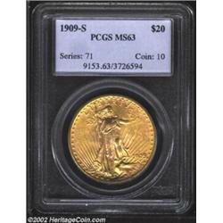 1909-S $20 MS63 PCGS. A lustrous Double Eagle with an impressive strike and attractive honey-gold co