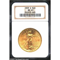 1909-S $20 MS63 NGC. Bright and lustrous with a pinscratch just west of the Eagle's beak.From the Ge