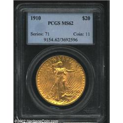 1910 $20 MS62 PCGS. The obverse field has a few wispy luster grazes, but this nicely struck and lust