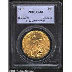 1910 $20 MS62 PCGS. A clean and lustrous Double Eagle that has a crisp strike and pleasing eye appea