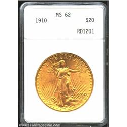 1910 $20 MS62 ANACS. The obverse has blushes of peach-pink color within the legends and devices. A b