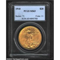 1910 $20 MS63 PCGS. Good luster overall, the obverse is typically abraded for the grade.From the Geo