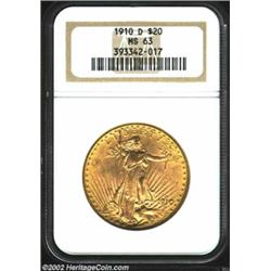 1910-D $20 MS63 NGC. Lustrous, orange-gold Denver issue void of unsightly blemishes.From the George.