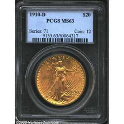 1910-D $20 MS63 PCGS. Well-struck and relatively unabraded, with somewhat subtle luster overall. Imp