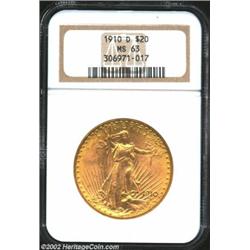 1910-D $20 MS63 NGC. Lustrous and well struck with one notable contact mark in the left obverse fiel