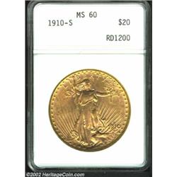 1910-S $20 MS60 ANACS. A bright and lustrous piece that has fewer than the usual number of luster gr