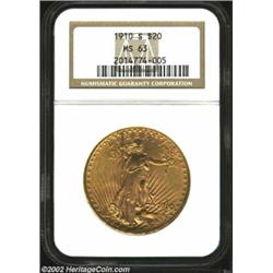 1910-S $20 MS63 NGC. Quite frosty with subtle rose accents and abrasions that are well scattered and