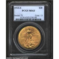 1910-S $20 MS63 PCGS. Well defined with slightly subdued luster.From the George Coyman Collection. I