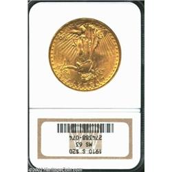 1910-S $20 MS63 NGC. Lustrous, yellow-gold with the usual blemishes for the grade. From the Aaron Bl