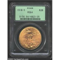 1910-S $20 MS64 PCGS. Well struck and carefully preserved, this near-Gem has satiny, lustrous surfac