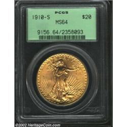 1910-S $20 MS64 PCGS. Fresh, semi-satiny luster. Important notice: We expect to be auctioning lots a