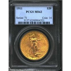 1911 $20 MS62 PCGS. Struck with mildly granular surfaces that display nice matte luster. Free of sin