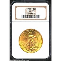 1911 $20 MS63 NGC. Satiny and lustrous for this well preserved Twenty.From the George Coyman Collect