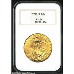 1911-D $20 MS64 NGC. Lustrous surfaces and a sharp strike make this coin an attractive example of th