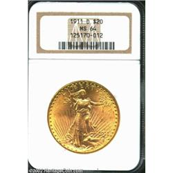 1911-D $20 MS64 NGC. Orange-gold coloration with satin luster. Well preserved and nicely struck. Fro