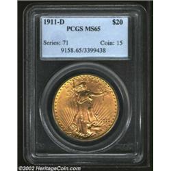 1911-D $20 MS65 PCGS. A lovely Gem that has pleasing cartwheel luster and hints of olive-gold color.