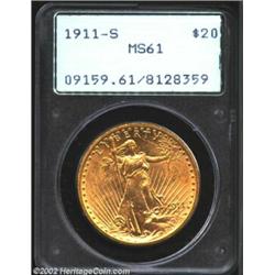 1911-S $20 MS61 PCGS. This orange-gold example displays overall bold striking definition. Scattered.