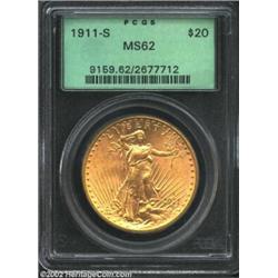 1911-S $20 MS62 PCGS. Lustrous, nicely preserved yellow-gold Double Eagle with grade limiting marks.