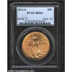 1911-S $20 MS64 PCGS. Deep satiny luster with most of the abrasions confined to the reverse.From the