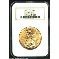 1911-S $20 MS64 NGC. This coin possesses satiny surfaces, as is typical of San Francisco Mint issues