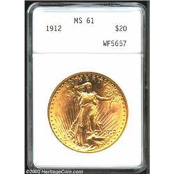 1912 $20 MS61 ANACS. A bright and lustrous specimen that has only minor luster grazes in the fields.