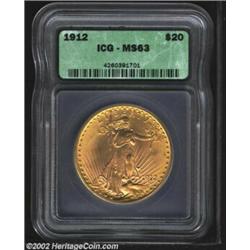 1912 $20 MS63 ICG. Well struck and lustrous with a couple of minor abrasions on the reverse.From the