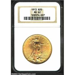 1913 $20 MS62 NGC. Bright, reddish-tinged surfaces with a touch of flatness on the highpoints. Impor