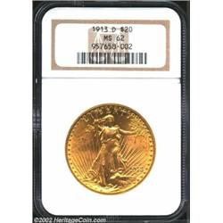 1913-D $20 MS62 NGC. Well struck with attractive, satiny luster.From the Aaron Bliss Collection. Imp