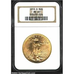 1913-D $20 MS63 NGC. Brilliant luster with much eye appeal on this original coin.From the George Coy