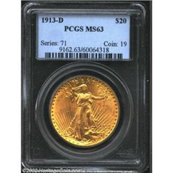 1913-D $20 MS63 PCGS. Brilliant and lustrous with minimal markings on either side and nice, rich col