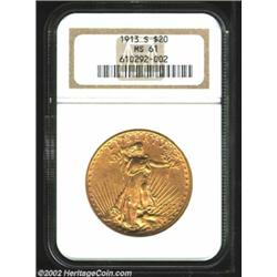 1913-S $20 MS61 NGC. The Capitol building lacks bold definition, but the strike is otherwise exempla