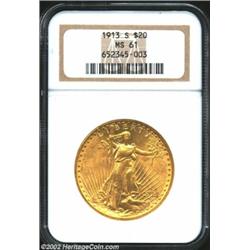 1913-S $20 MS61 NGC. Frosty and attractive despite some extraneous non-circulated handling marks.Fro