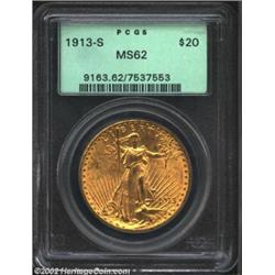 1913-S $20 MS62 PCGS. Generally above average in strike, this greenish-gold example displays a smatt