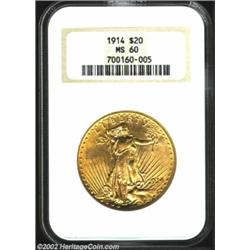 1914 $20 MS60 NGC. Highly lustrous with appealing orange accents, being held back in grade by a size