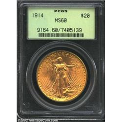 1914 $20 MS60 PCGS. This is a gorgeous Mint State specimen, with rich golden-orange color and flashy