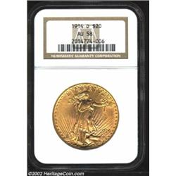 1914-D $20 AU58 NGC. A lustrous, modestly abraded example that could easily pass for Mint State. Imp