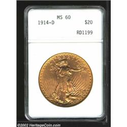 1914-D $20 MS60 ANACS. A boldly struck and lustrous example of this popular mintmarked issue. The ob