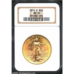 1914-D $20 MS63 NGC. Nice orange-gold luster with less than expected contact marks.From the George C