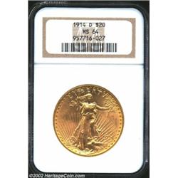 1914-D $20 MS64 NGC. Lustrous coin with plenty of eye appeal.From the Aaron Bliss Collection. Import