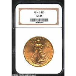 1914-D $20 MS65 NGC. Minimally abraded with the distinct matte-like texture normally exhibited by th