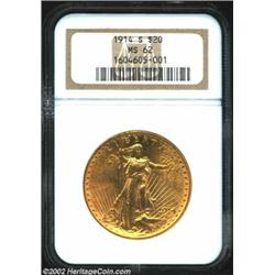 1914-S $20 MS62 NGC. Bright golden-orange surfaces have the expected matte-like texture and a fair s