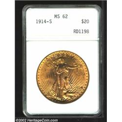 1914-S $20 MS62 ANACS. The eagle's front wing has a couple of rose-violet toning spots, but this lus