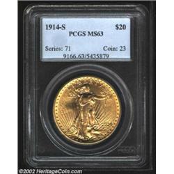 1914-S $20 MS63 PCGS. Well frosted with originally colored surfaces and a typical abrasion count for