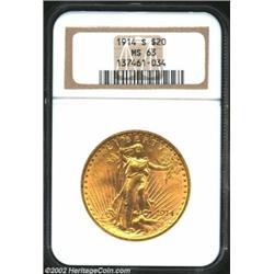 1914-S $20 MS63 NGC. Highly lustrous with nice eye appeal.From the Aaron Bliss Collection. Important