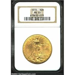 1915 $20 MS61 NGC. A moderately abraded example with traces of olive patina at the margins. Importan