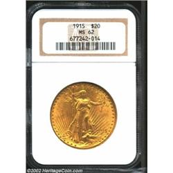 1915 $20 MS62 NGC. Yellow-gold example of this scarcer issue. A minimum of marks for the grade.From.