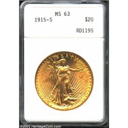 1915-S $20 MS63 ANACS. Bright streaks of lemon-gold patina add to the beauty of this highly lustrous